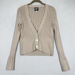 ALP N ROCK Sweater Womens Large Cardigan Pointelle‎ Knit V Neck Beige Taupe ANR+